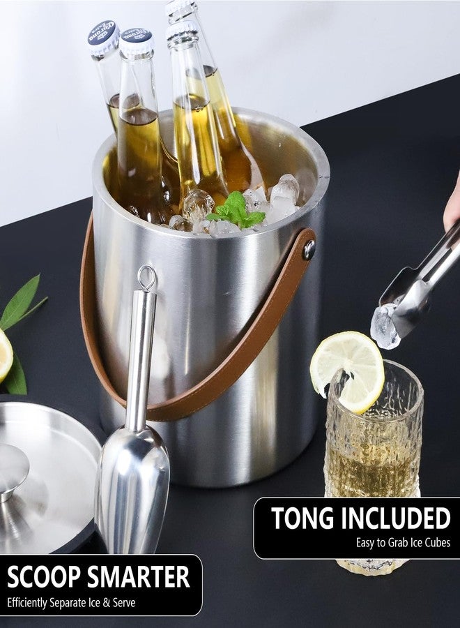Bakpoco 4L Ice Bucket with Lid, Scoop,Tongs & Strainer, Stainless Steel Double Wall Insulated Ice Buckets for Parties & Cocktail Bar, Large Outdoor Champagne Ice Container, Light Brown Handle - Image 3